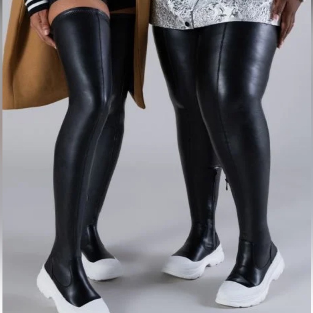 AZALEA WANG FAUX LEATHER THIGH HIGH FLATFORM SNEAKER BOOT 4WAY STRETCH